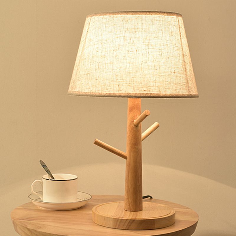 Wood Tree Branch Nightstand Lamp Minimalist 1 Head Bedside Table Lighting with Tapered Fabric Shade in White