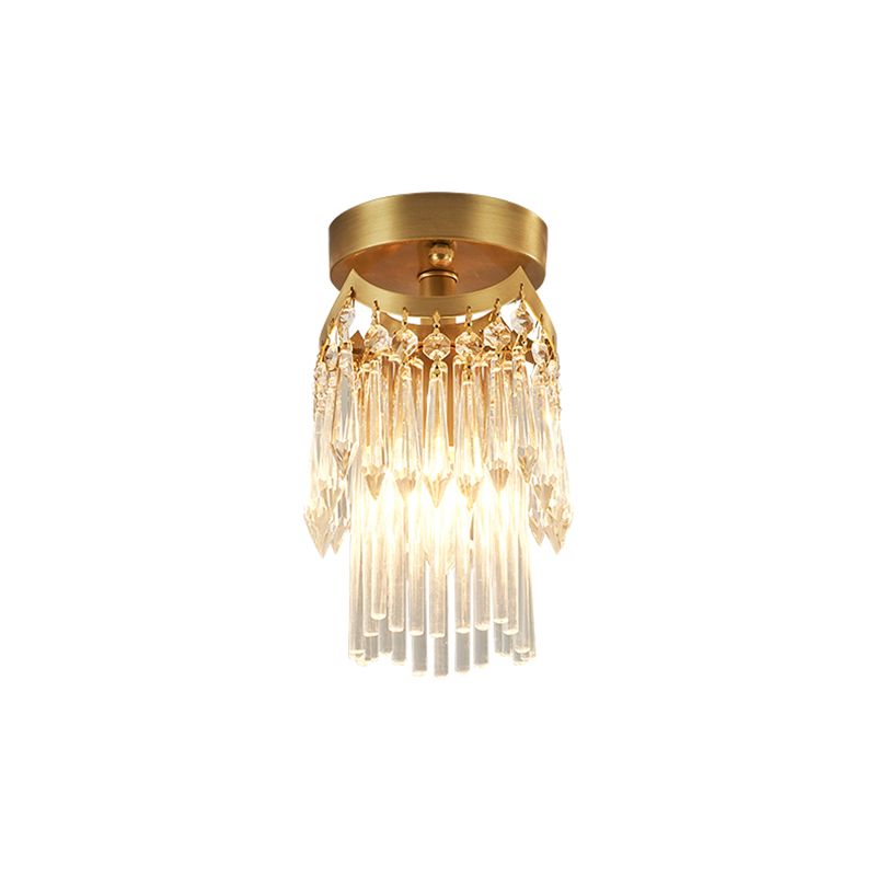 Brass Cylinder Ceiling Light Modern 1 Light Crystal Semi Flush Mount Light for Corridor