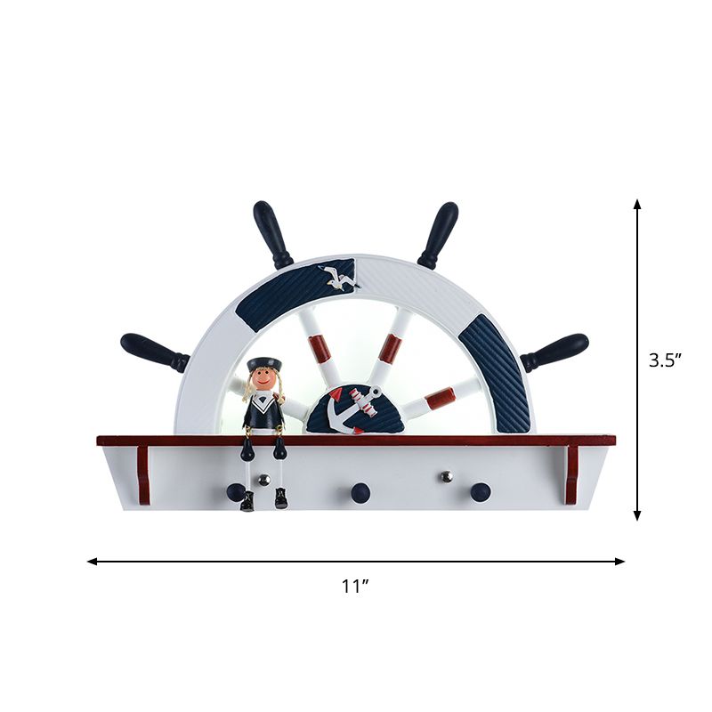 Wood Rudder Flush Mount Wall Sconce Mediterranean LED Wall Lighting Ideas with Cartoon Sailor Deco in Blue