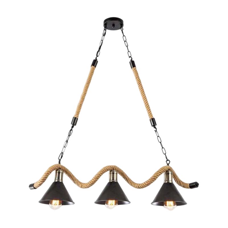 3 / 5 - Light Pendant Ceiling Fixture Iron Cone Shade Kitchen Island Light with Hemp Rope