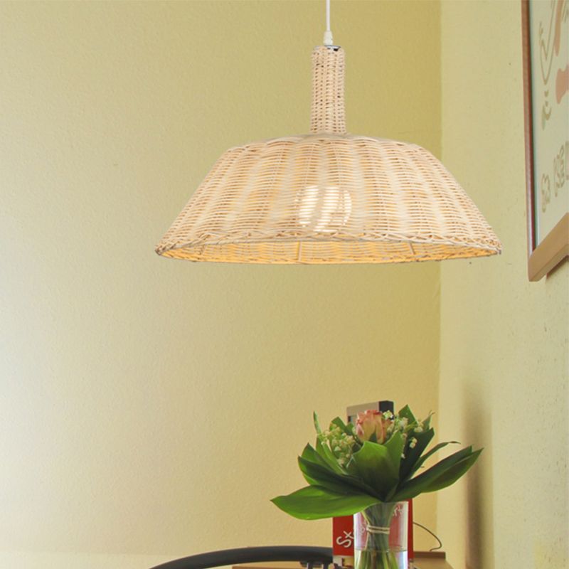 Country Style Hand-Woven Pendant Lighting with Barn Shade Rattan 15"/19" W 1 Bulb Indoor Suspension Lamp in Beige