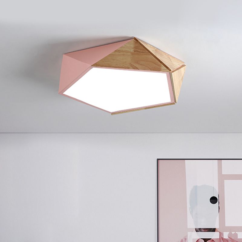 Wood Splicing 3D Pentangle Ceiling Flush Macaron Pink/Green LED Flush Mounted Lamp in Warm/White Light, 16.5/20.5 Inch Wide