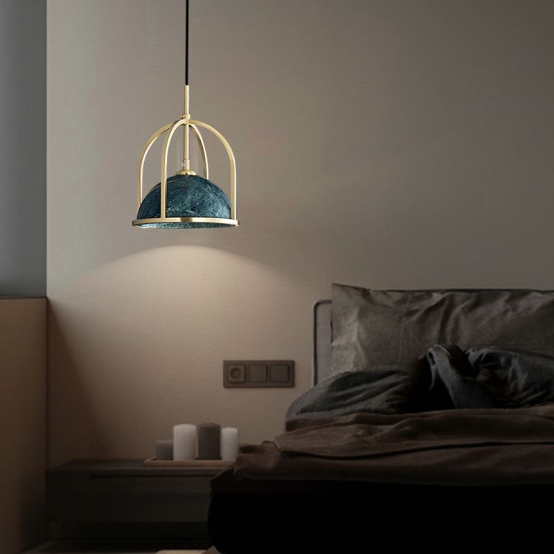 Blackish Green Shade Pendant Light Retro Nordic 1-Light Marble Hanging Light with Gold Cage