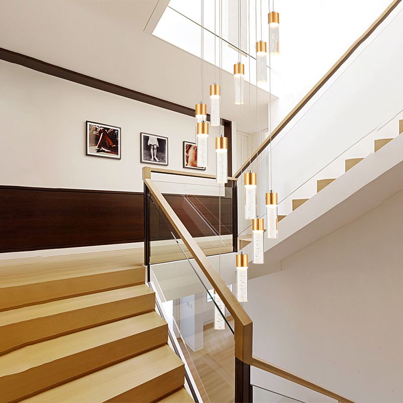 12 Heads Acrylic Pendant Lighting Modernist Gold/Silver Tube Stair Multiple Hanging Lamp with Spiral Design
