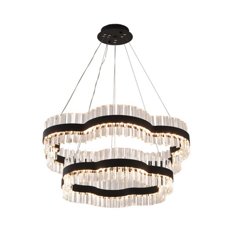 1/2 Tiers Flower Living Room Ceiling Chandelier Crystal 23.5"/31.5" Wide Led Minimalist Hanging Light Kit in Black/Gold