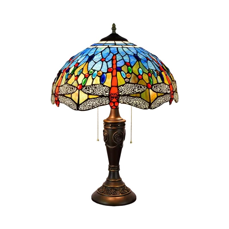 Mediterranean Dragonflies Jeweled Table Lamp 2 Bulbs Blue-Green/Yellow-Blue Glass Nightstand Light with Pull Chain Switch