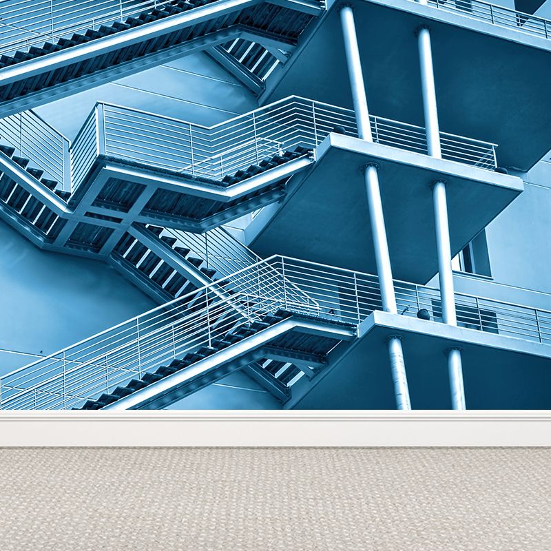 Huge Dog-Legged Stairs Wall Mural House Interior Architecture Wall Art in Blue, Waterproof