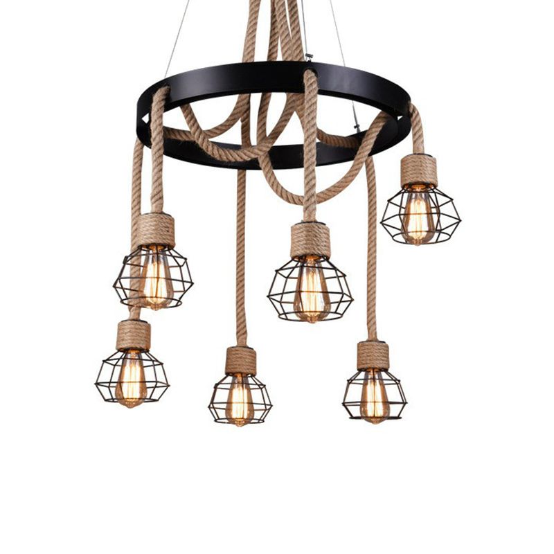 Caged Sitting Room Chandelier Rural Hemp Rope Brown 6 Lights Circular Suspension Pendant