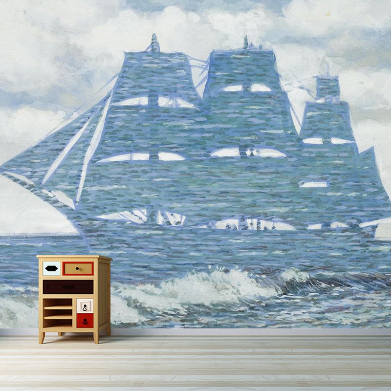 Big Sailing Ship Wallpaper Murals Surrealism Inspiring Artwork Wall Covering in Pink-Blue