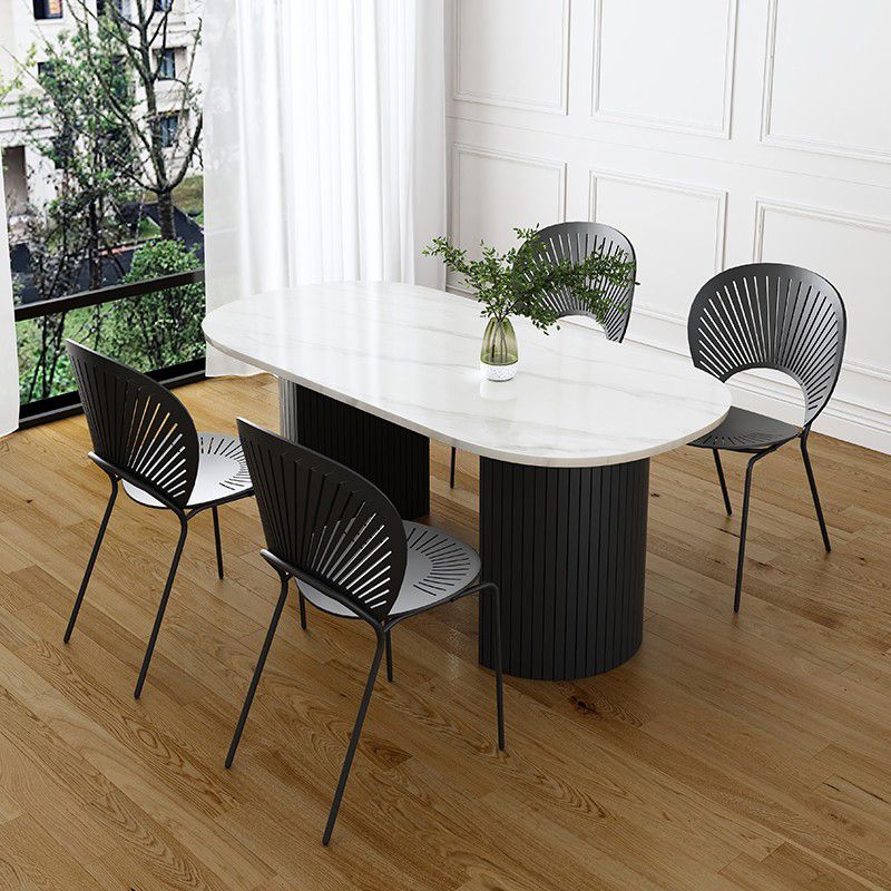 Oval Sintered Stone Dining Table Modern Table in White with Black Metal Double Pedestal