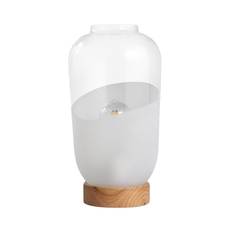 Lámpara de mesa de noche sencilla con forma de tarro, cristal transparente y blanco, 1 cabezal, con base de madera