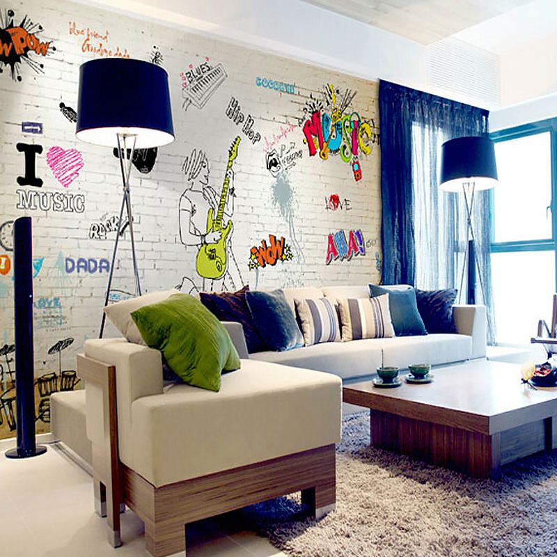 Big Graffiti and Brick Mural for Bedroom Guitar Wall Decor in Yellow for Gym