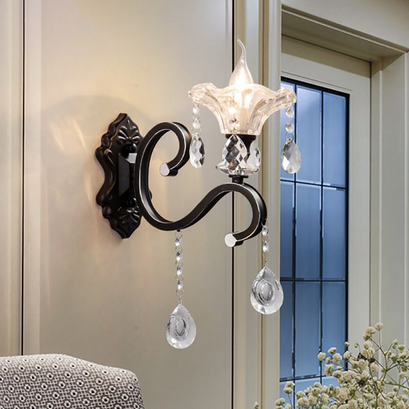 Scalloped Edge Wall Lamp Modern Style Clear Crystal 1/2-Bulb Corridor Sconce Light Fixture with Curved Arm in Black