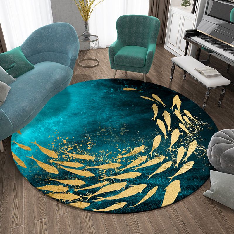 Round Multicolor Modern Indoor Rug Polyester Plant Print Rug Non-Slip Backing Indoor Rug for Bedroom
