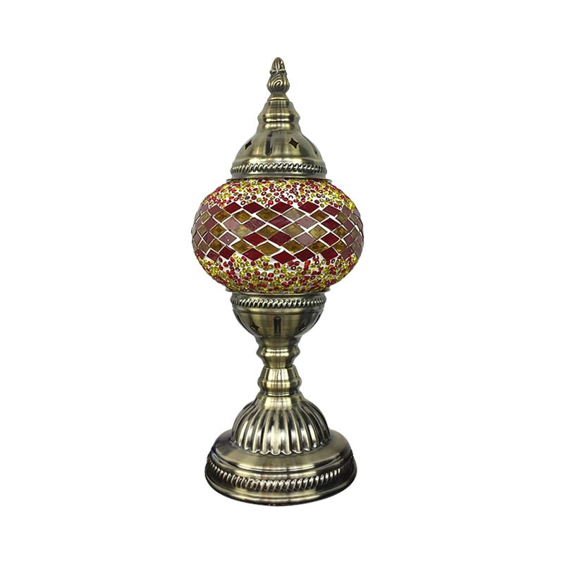 Single Night Stand Light Turkish Bedroom Table Lamp with Spherical Yellow/Red/Blue Glass Shade in Bronze