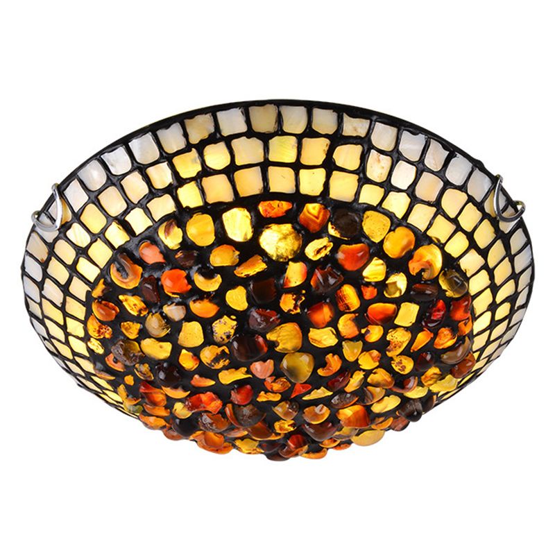 Agate Amber Ceiling Light Dome Shade Mediterranean Flush Mount Lighting with Shell Decor
