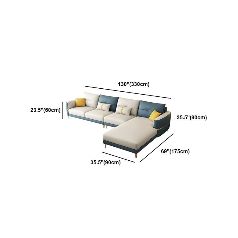 Glam Faux Leather Sofa Blue and Beige Square Arm Sofa with Pillows