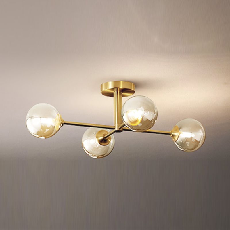 Gold Globe Semi-Flush Light Fixture Modern Glass Shade Ceiling Lamp Fixture