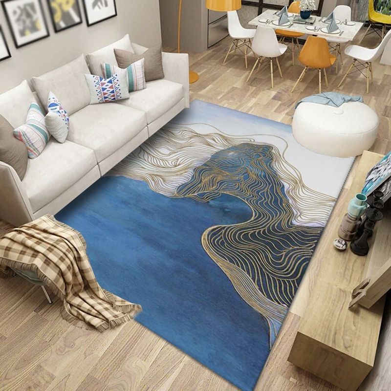 Blue Tone Modern Indoor Rug Polyester Expressionism Print Carpet Easy Care Rug for Home Decoration