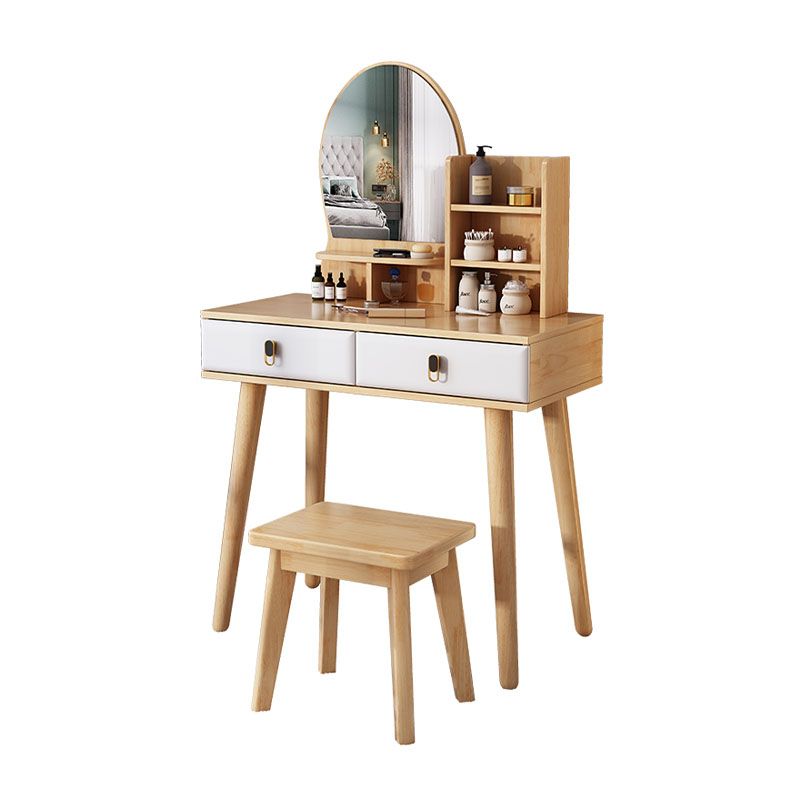Mirror Table Dressing Table Solid Wood Make-up Vanity with 2-Drawers