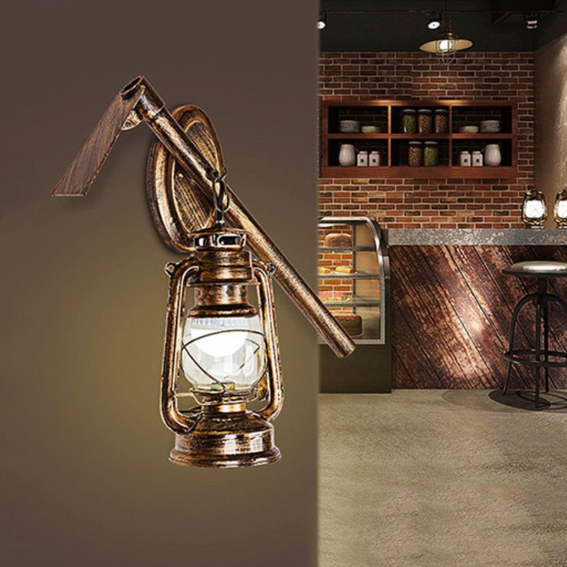 Lantern Clear Glass Wall Hanging Light Vintage 1 Bulb Living Room Sconce Lighting Fixture in Bronze with Metal Hoe Deco