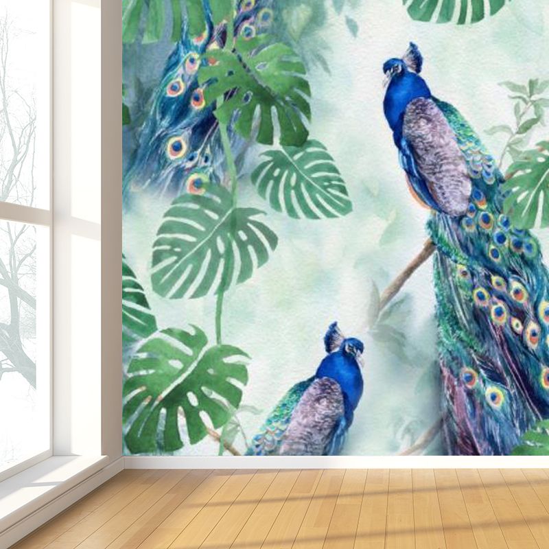 Large Peacock Wall Paper Mural Stain Resistant Modern Bedroom Wall Decor in Green
