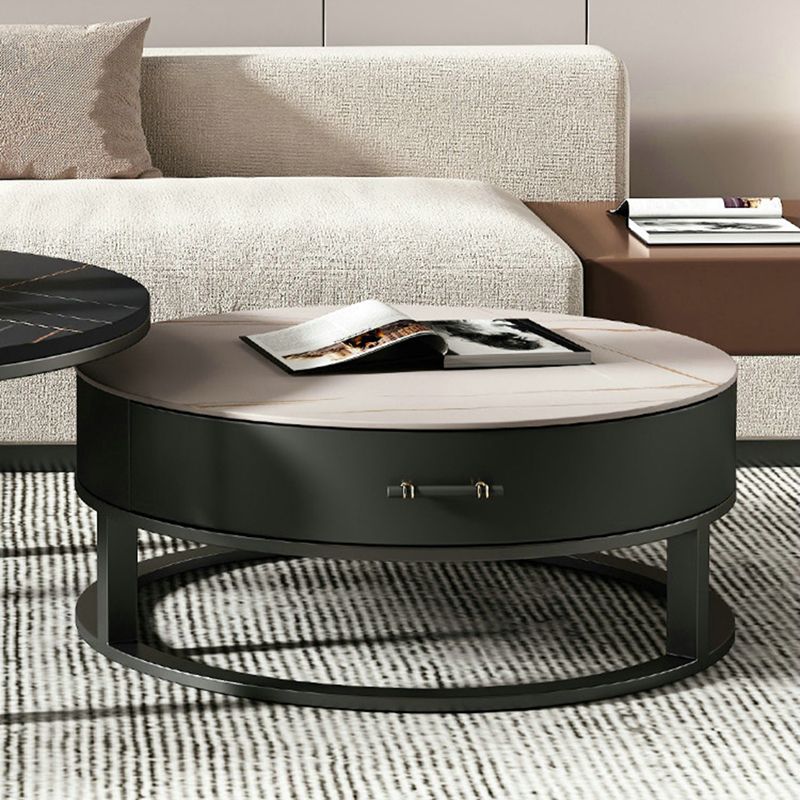 Round Slate Top Coffee Table Set Frame Cocktail Table with Storage Drawers
