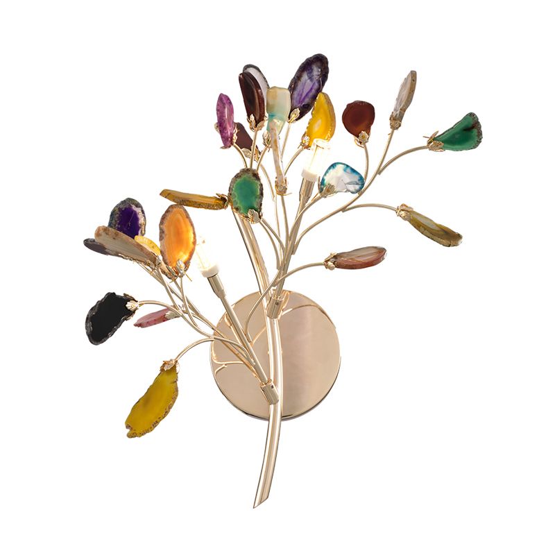 Metallic Branch Wall Lighting Fixture Lodge Style 2 lumières Lumières Lumière avec déco cristallin multicolore en finition or