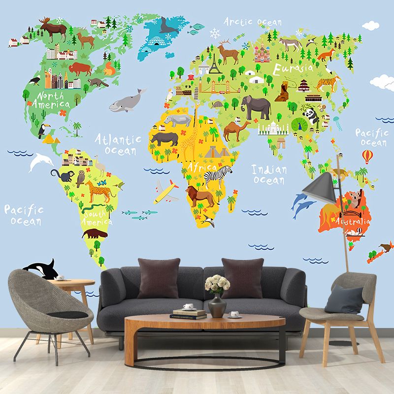 Blue and Green Simple Mural Wallpaper Personalized Size World Map Wall Art for Accent Wall