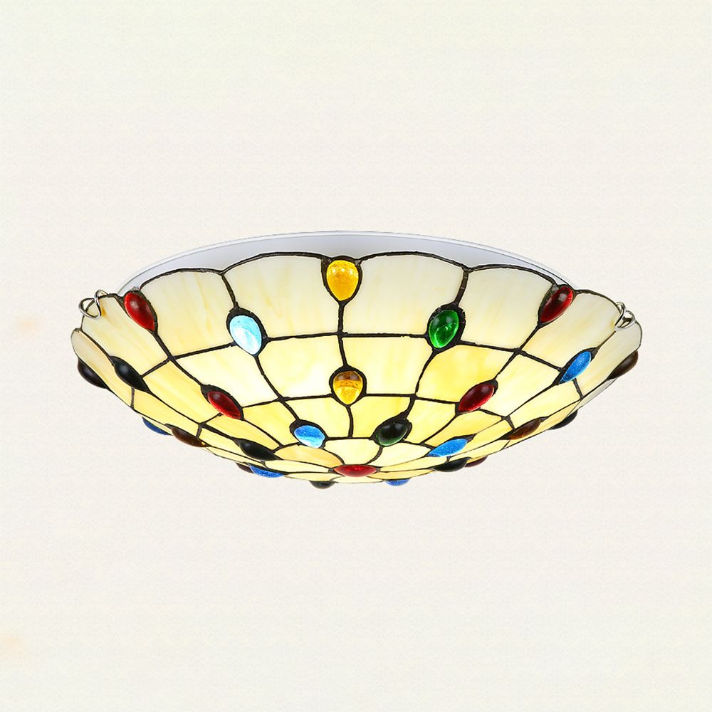 Beige Bowl Flushmount Ceiling Light 12"/16"/19.5" Width Vintage Stained Glass Flush Mount Ceiling Light for Living Room