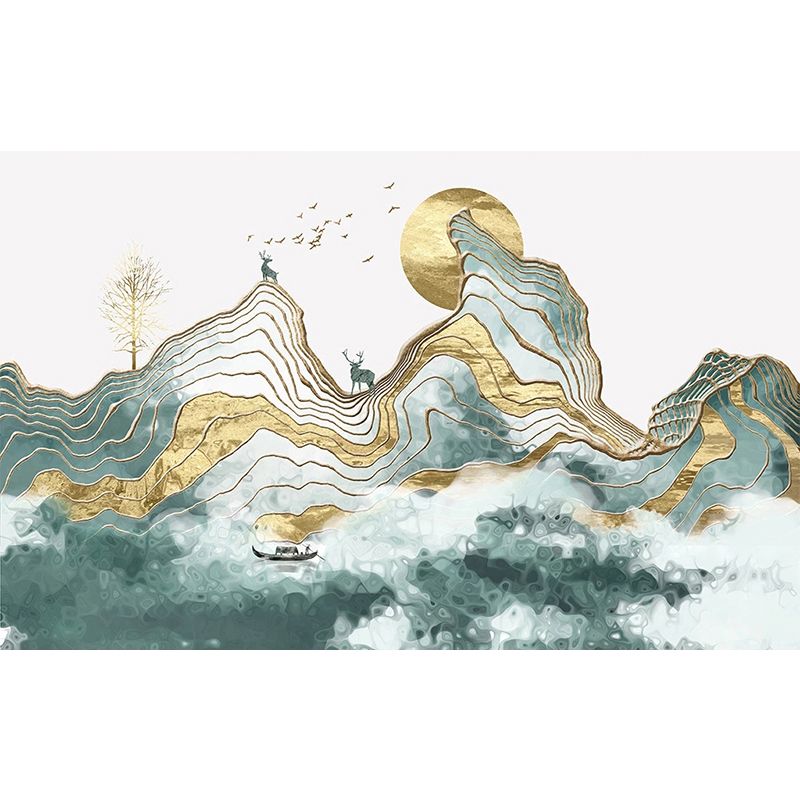 Giant Illustration Style Murals Chinese Traditional Landscape Painting in Yellow and Green for Decor