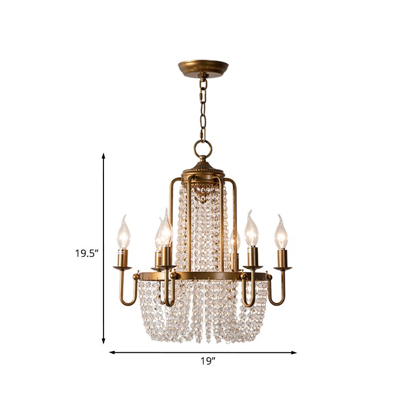 Crystal Strand Gold Chandelier Lighting Basket 6-Light Farmhouse Candle Hanging Pendant