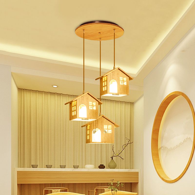 House Multi Hanging Light Fixture Lodge Wood 3 Heads Beige Pendant Lamp over Dining Table