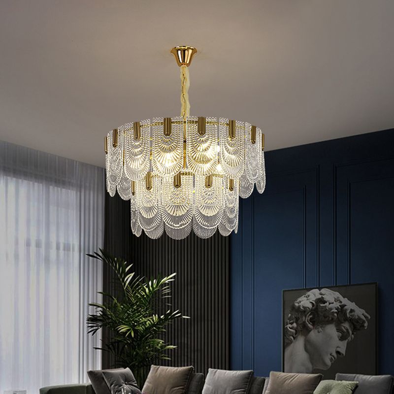 Round Pendant Ceiling Lamp Modern Clear Textured Glass Chandelier with Scalloped Edge