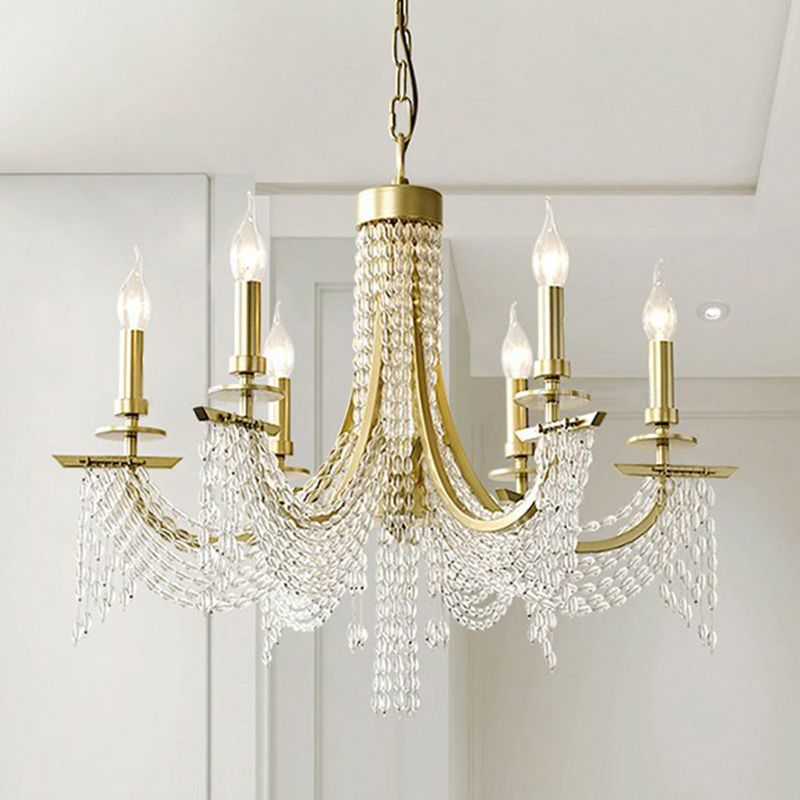 Baroque Candle Chandelier 6-Bulb Metal Suspension Lighting with Crystal Chain in Gold