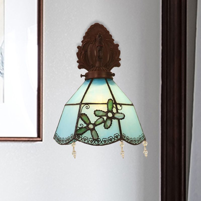 Curved Arm Wall Light Mediterranean Metal 1 Bulb Bronze Sconce with Dome Blue Glass Shade for Dining Room