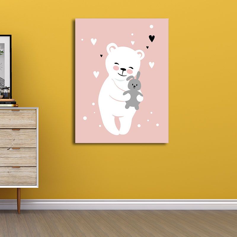 Pink Bear and Rabbit Canvas Animal Cartoon Decorative Wall Art Print for Kids Room