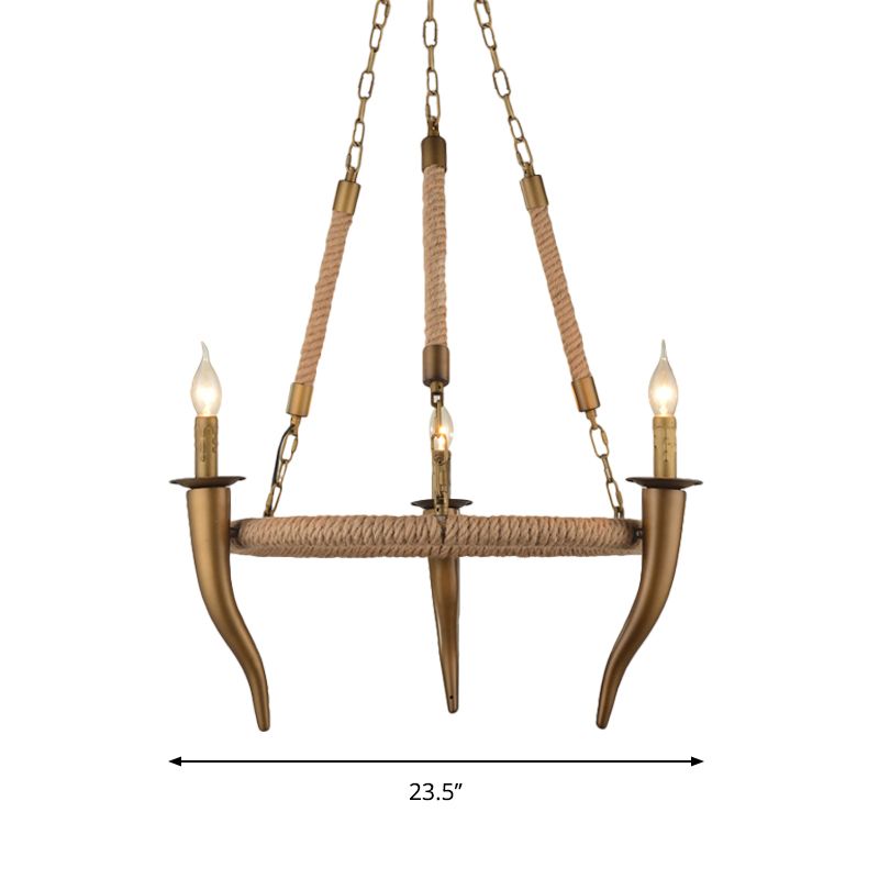 Rustic Wrapped Wagon Wheel Ceiling Pendant 3/6-Light Khaki Metallic Chandelier Light with Ox Horn Element