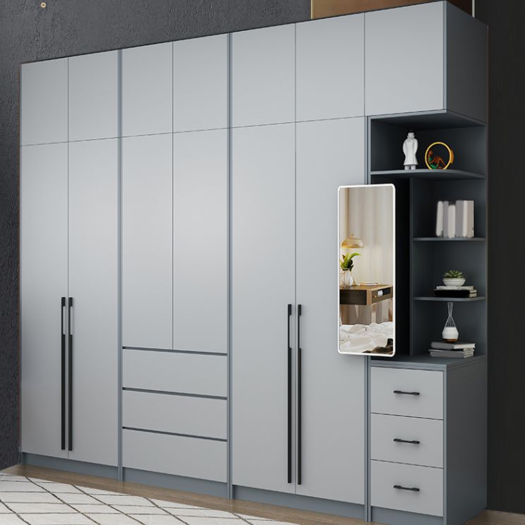 Grey Wooden Wardrobe Armoire Hinged Storage Cabinet with Soft Close Drawer