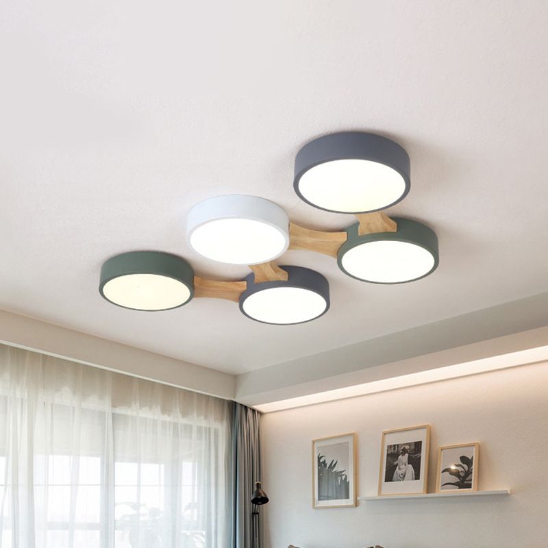 Ronde plafondlamp van hout en metaal, Scandinavisch 3/4/5-lichts grijs plafondverzonken plafond voor slaapkamer in warm/wit