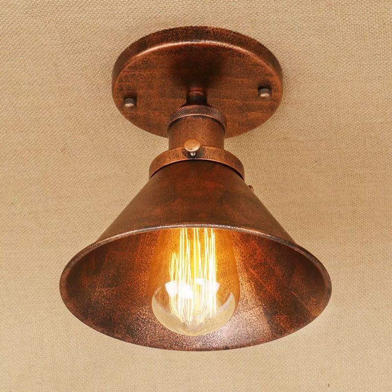 Mini plafonnier à abat-jour conique en fer industriel, 1 lumière, rouille/noir/cuivre, éclairage semi-monté