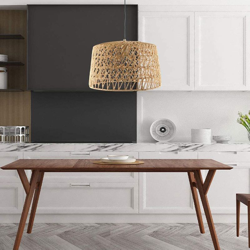 1-Light Hemp Rope Drum Hanging Light Hand Knitting Creative Bedroom Suspension Lamp in Beige