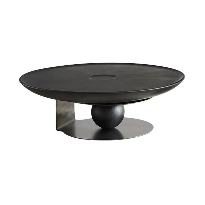 Modern Style Wood Table with Round Black Metal Abstract Base Coffee Table
