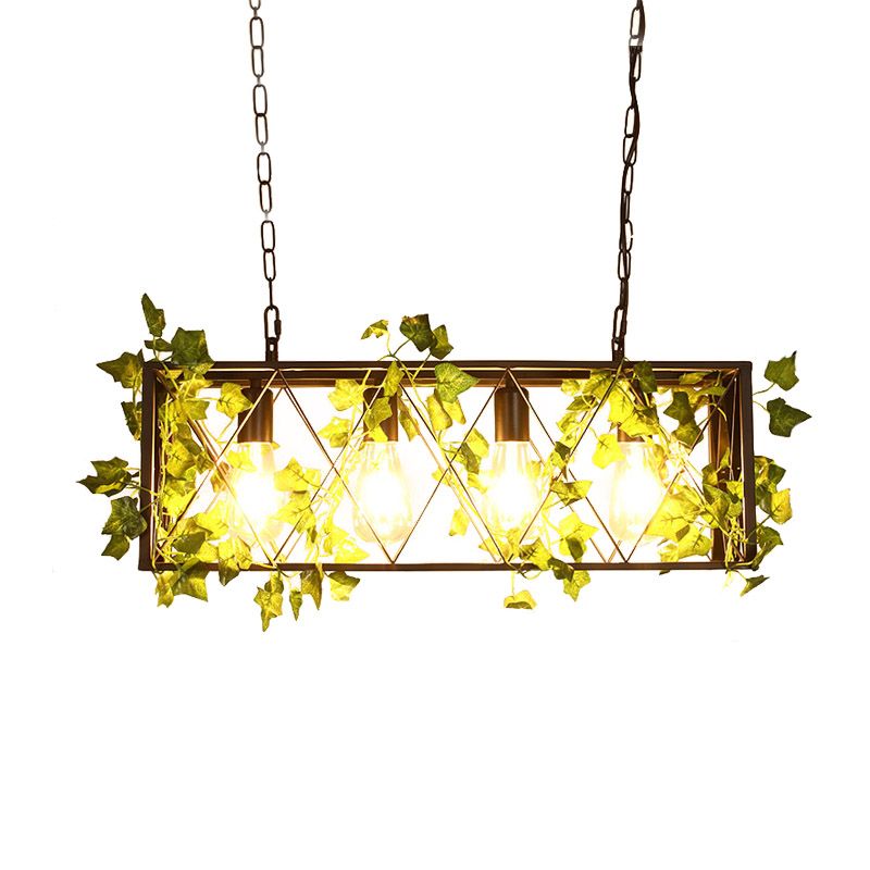 Red/Green 4 Lights Island Ceiling Light Retro Metal Rectangular LED Rose/Plant Drop Lamp for Restaurant