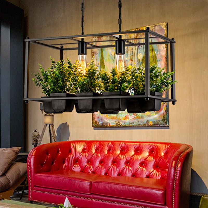 Metal Rectangular Cage Island Light Industrial Industrial 2-Bulb Living Room Pendant Light avec faux pot de plante en vert