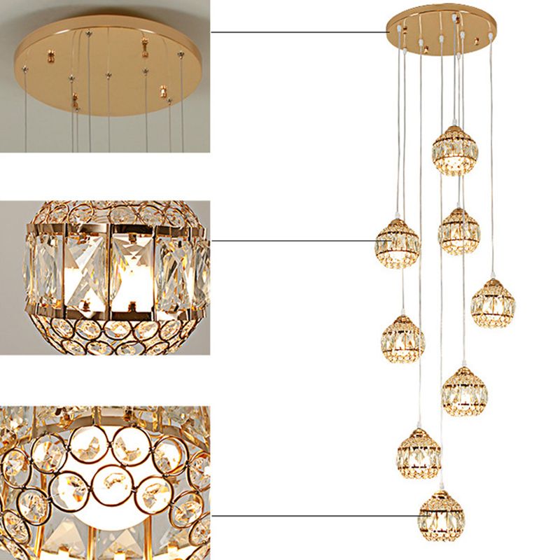 Crystal Encrusted Sphere Multi-Light Pendant Modern Style Ceiling Hanging Lantern in Gold for Staircase