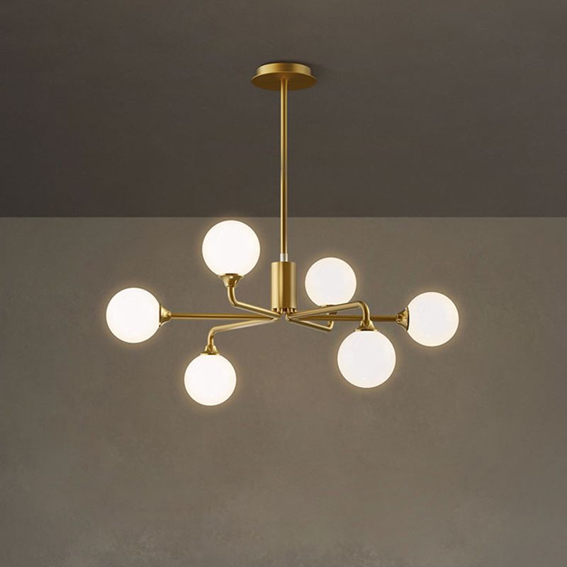 Postmodern Sputnik Island Lighting Metal 6/9/12 Heads Living Room Ceiling Pendant in Gold with Ball White Glass Shade