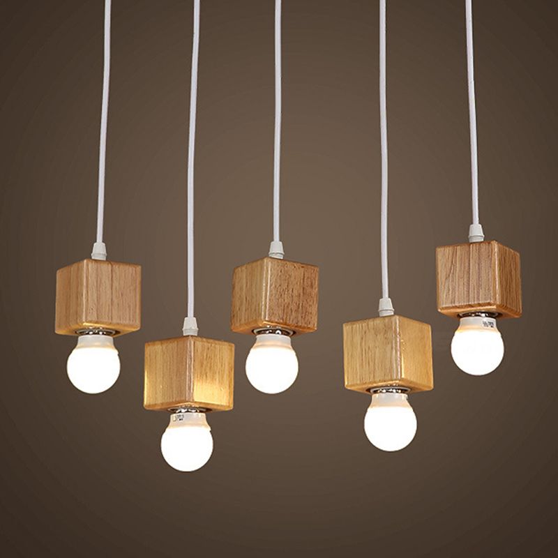 Minimalist Square Hanging Pendant Light Wooden Restaurant Suspension Pendant in Wood