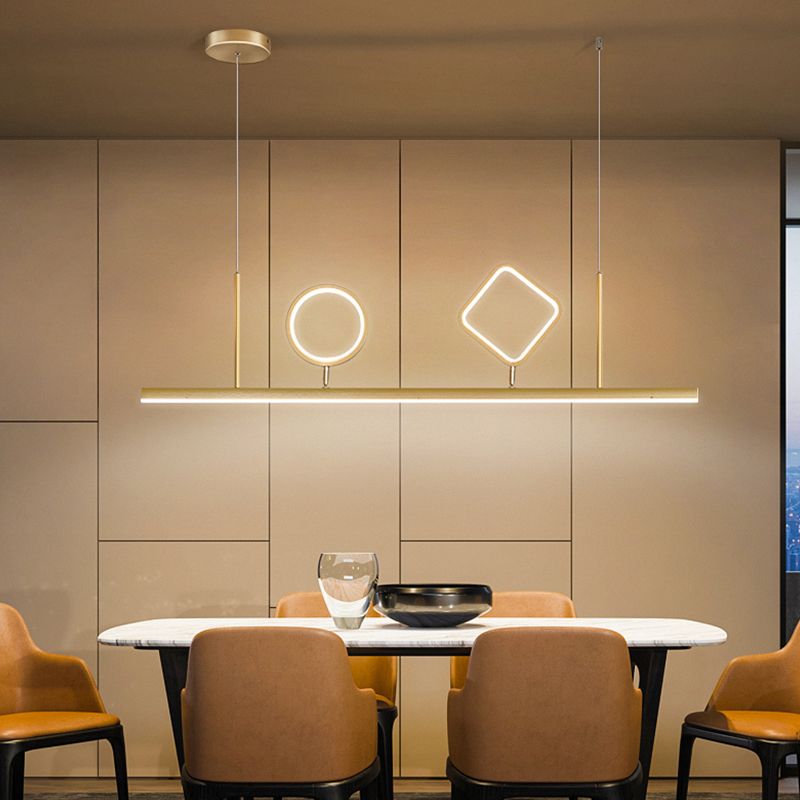Minimalism Geometric Island Pendant Metallic LED Restaurant Ceiling Hang Fixture in Gold, Warm/White Light