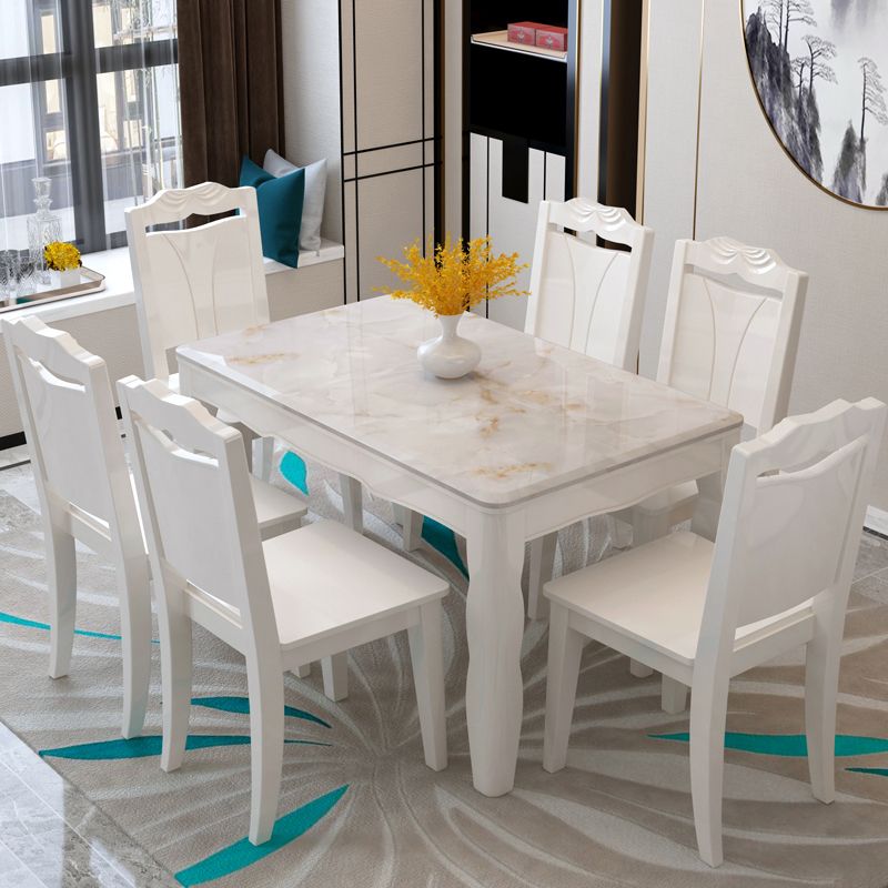 Contemporary Style Marble Dining Set with White Fixed Table and 4 Legs Base